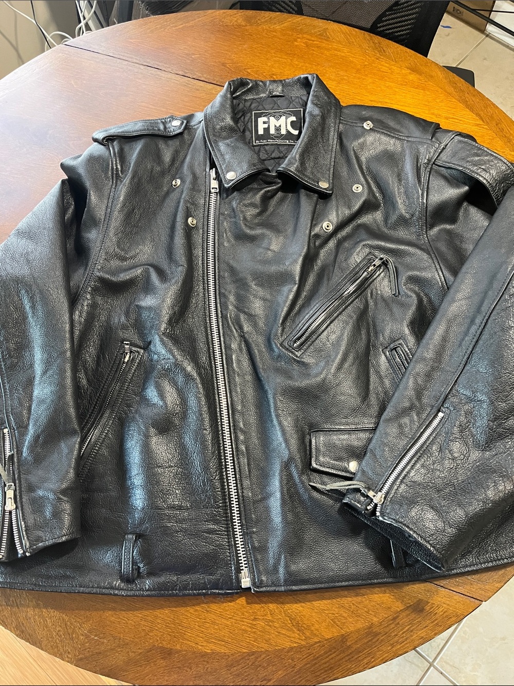 FMC Black Leather Asymmetrical Bomber Jacket - Men's with Harley Davidson patch